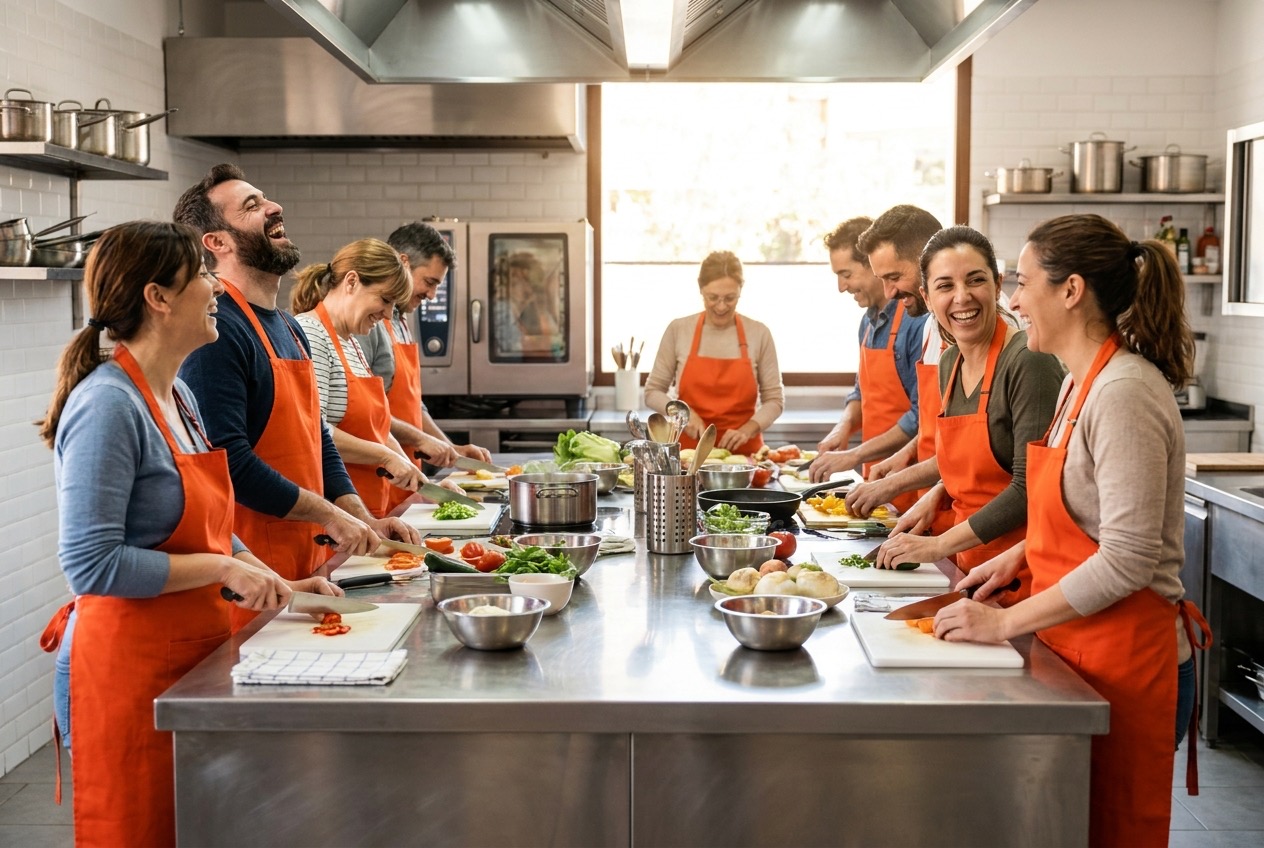 Grupo cocinando junto con delantales naranjas en la cocina de Sabor